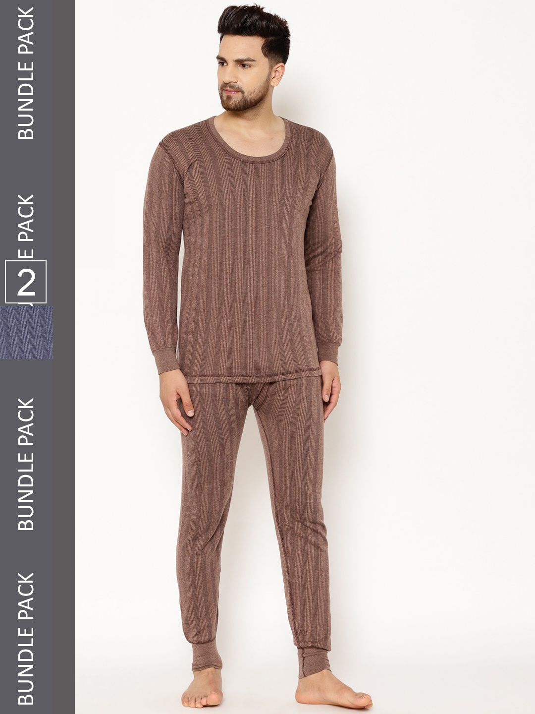 

VIMAL JONNEY Men Pack Of 2 Cotton Thermal Set, Coffee brown