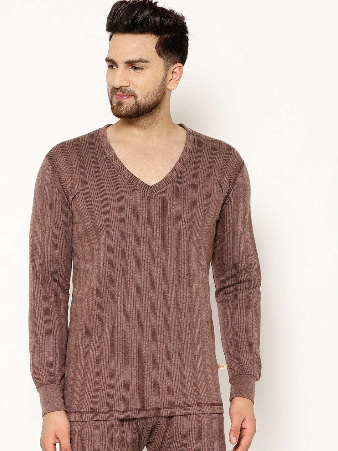 

VIMAL JONNEY Striped Cotton Thermal Tops, Coffee brown