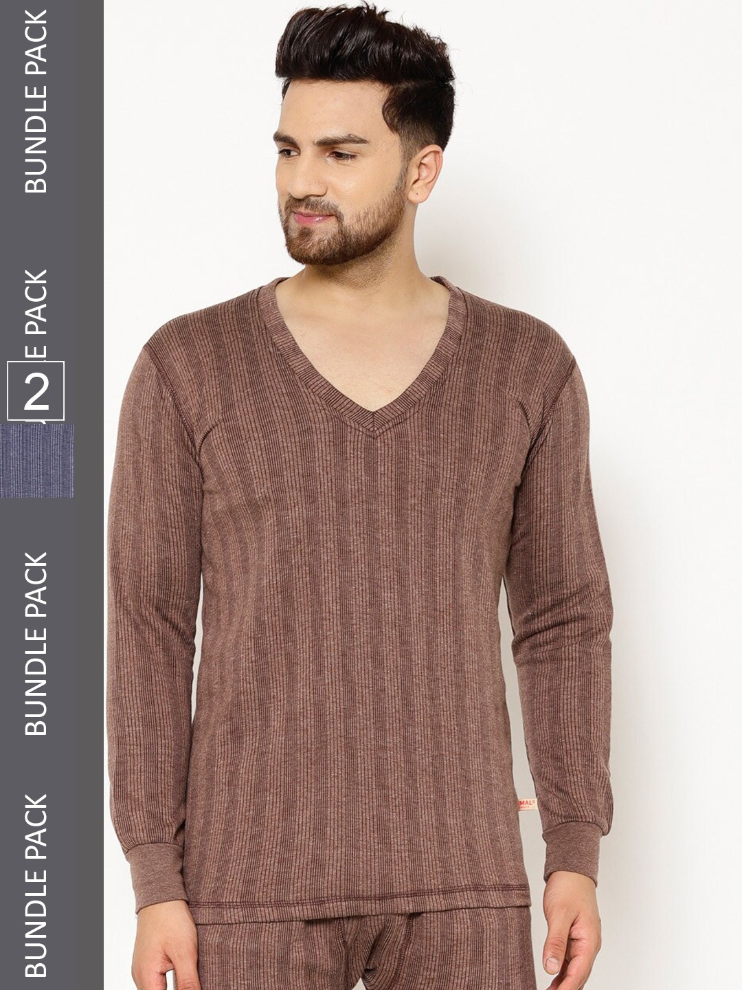 

VIMAL JONNEY Pack of 2 Striped Cotton Thermal Tops, Brown