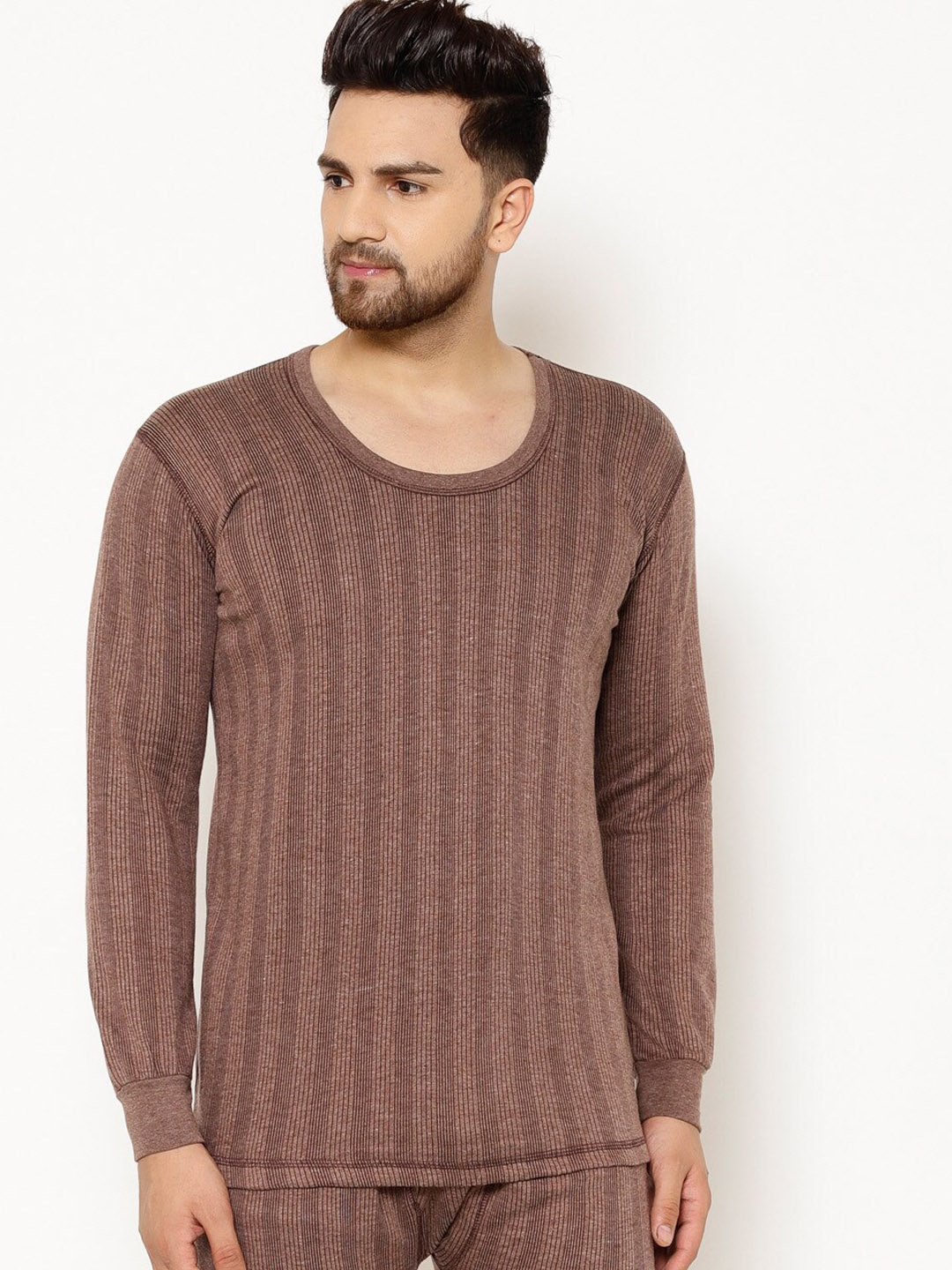 

VIMAL JONNEY Men Brown Striped Cotton Thermal Set