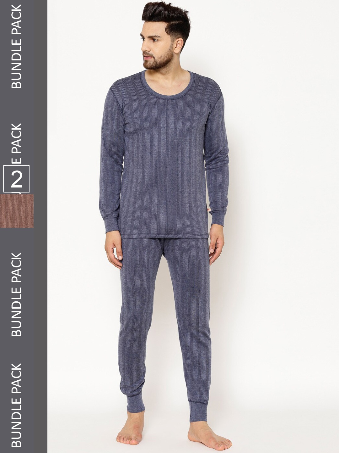 

VIMAL JONNEY Men Pack Of 2 Striped Cotton Thermal Set, Grey