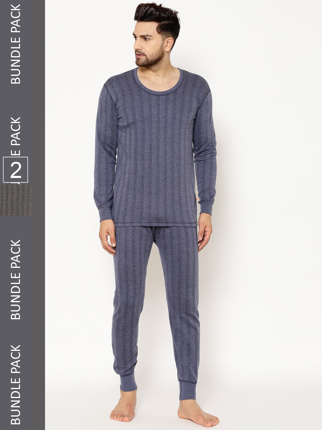 

VIMAL JONNEY Men Pack Of 2 Striped Cotton Thermal Set, Grey