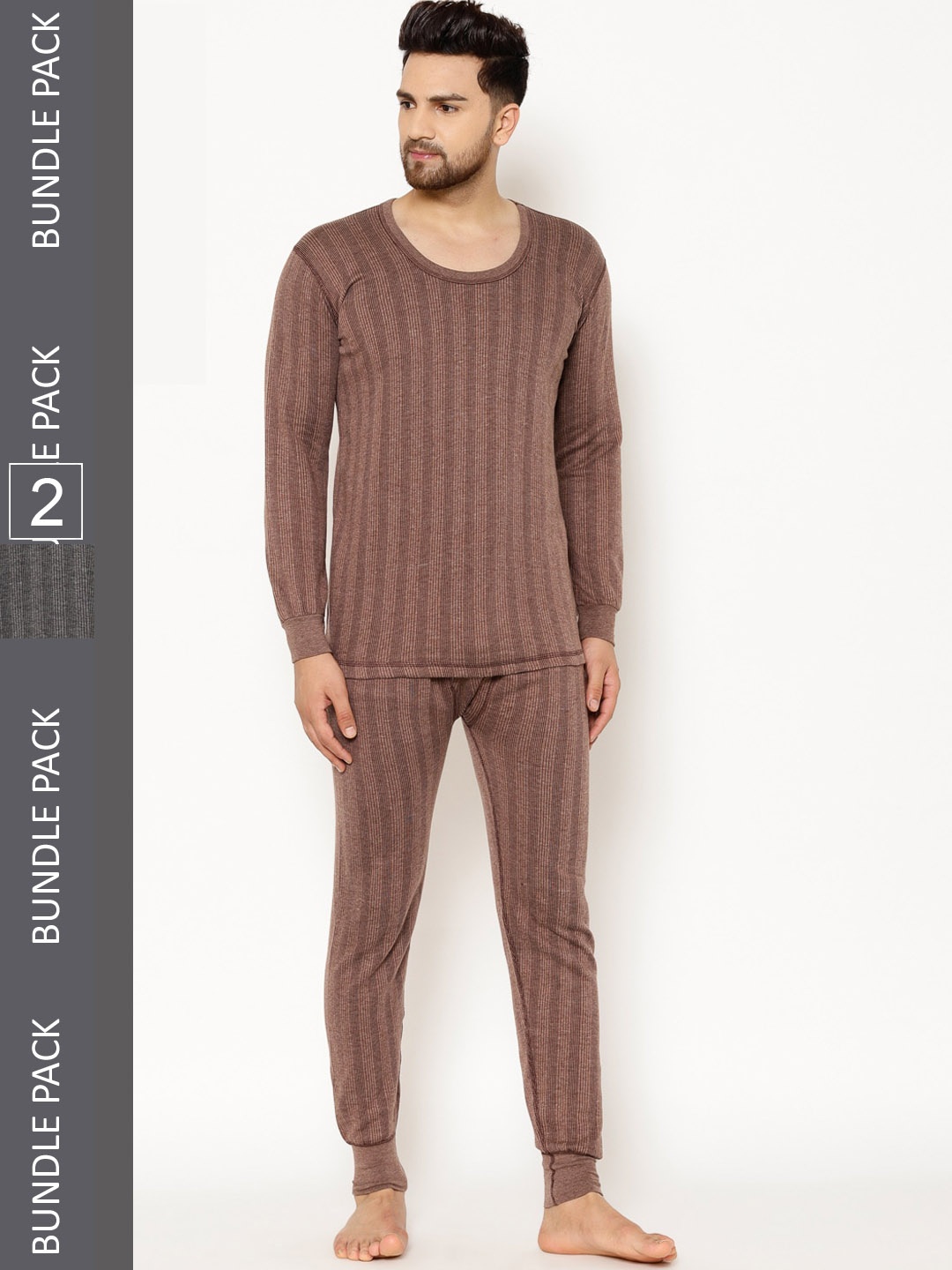 

VIMAL JONNEY Men Pack Of 2 Striped Cotton Thermal Set, Brown
