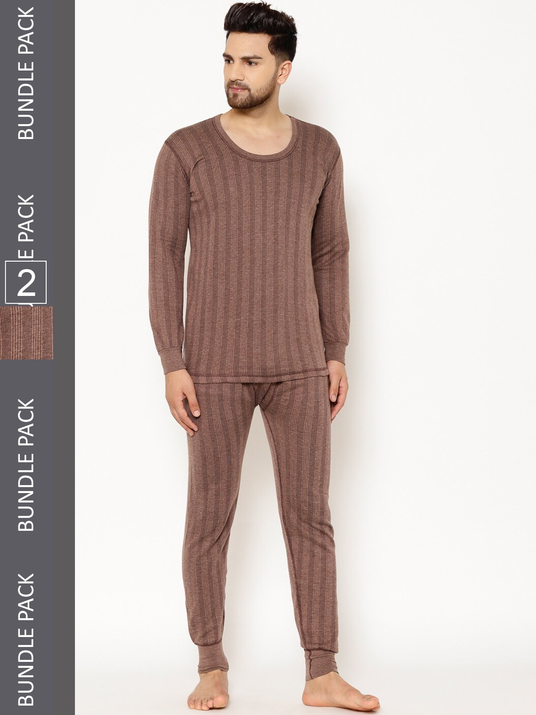 

VIMAL JONNEY Men Pack Of 2 Cotton Thermal Sets, Brown