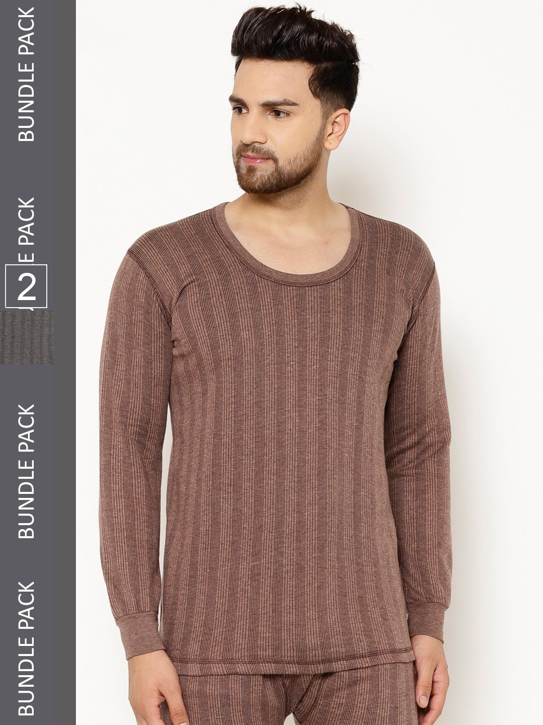 

VIMAL JONNEY Pack of 2 Striped Cotton Thermal Vests, Brown