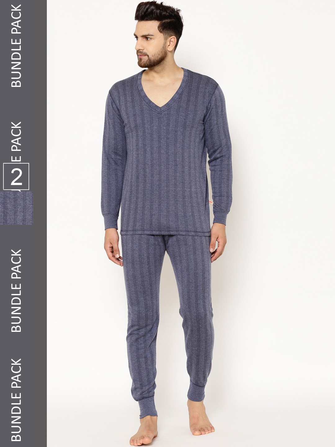 

VIMAL JONNEY Men Pack Of 2 Striped Cotton Thermal Set, Navy blue