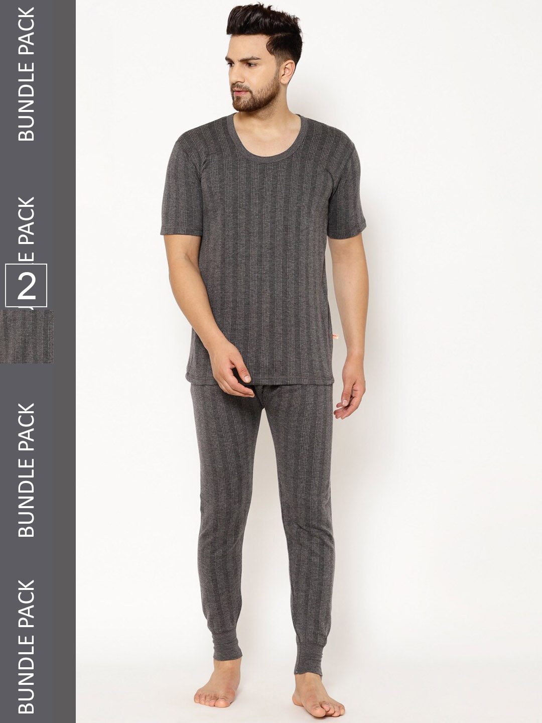 

VIMAL JONNEY Men Pack Of 2 Striped Cotton Thermal Set, Black