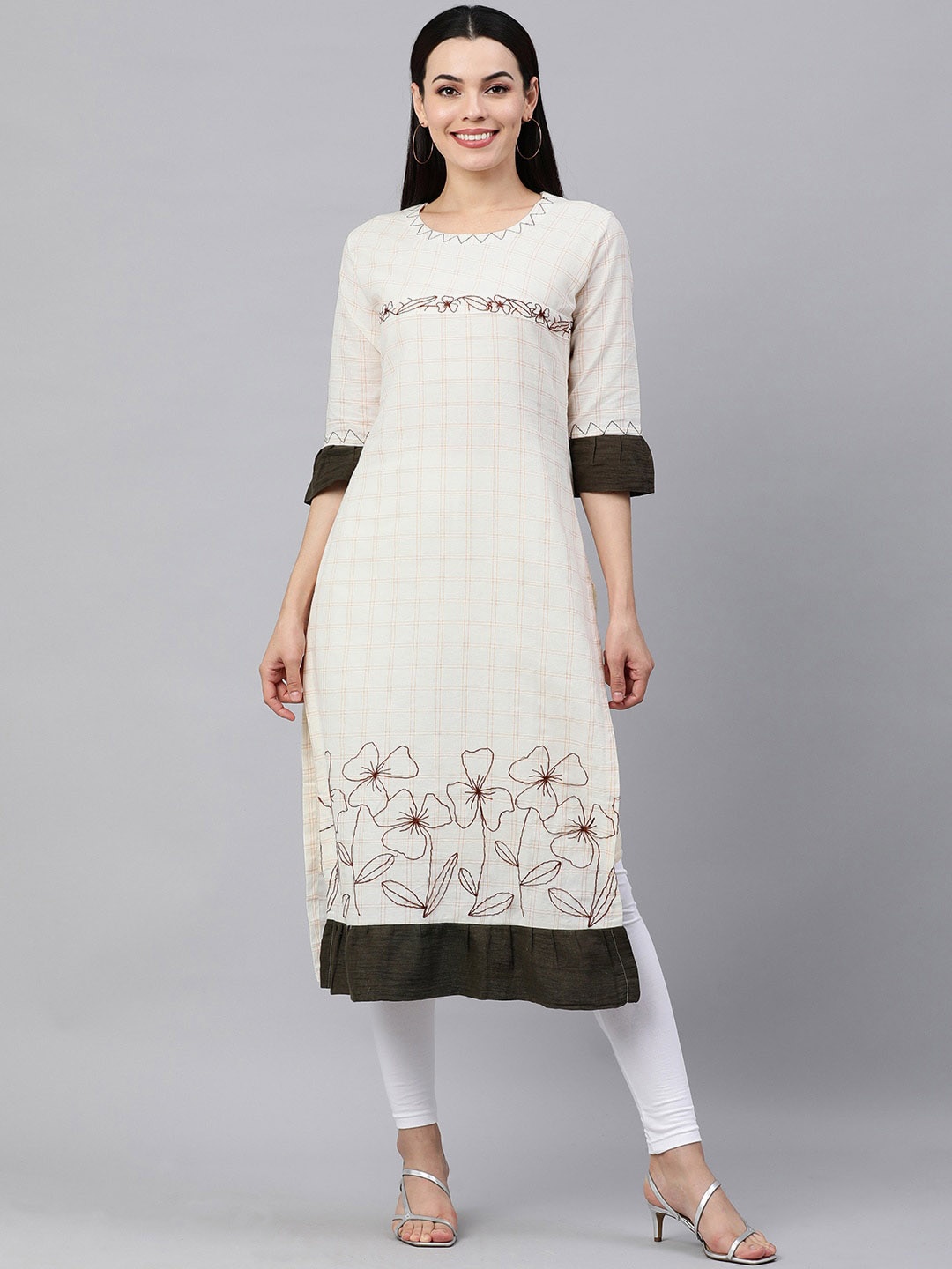 

MAAND Women Floral Embroidered Bell Sleeves Thread Work Cotton Kurta, Off white
