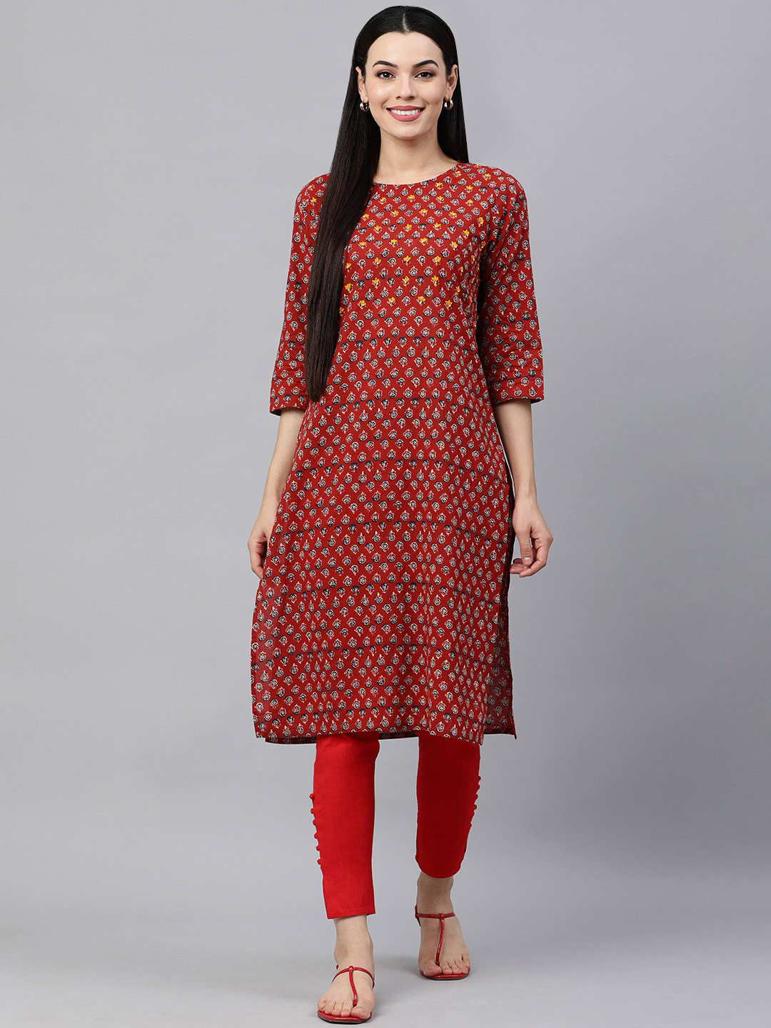 

MAAND Women Floral Printed Thread Work Cotton Kurta, Red