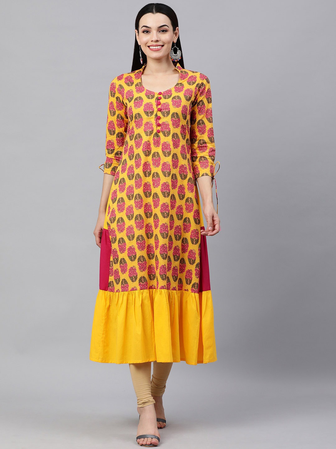 

MAAND Floral Printed Cotton Kurta, Yellow