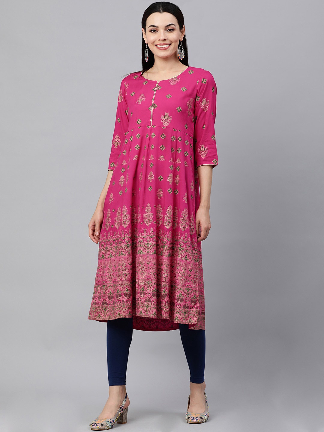 

MAAND Women Pink & Gold-Toned Ethnic Motifs Printed Anarkali Empire Kurta
