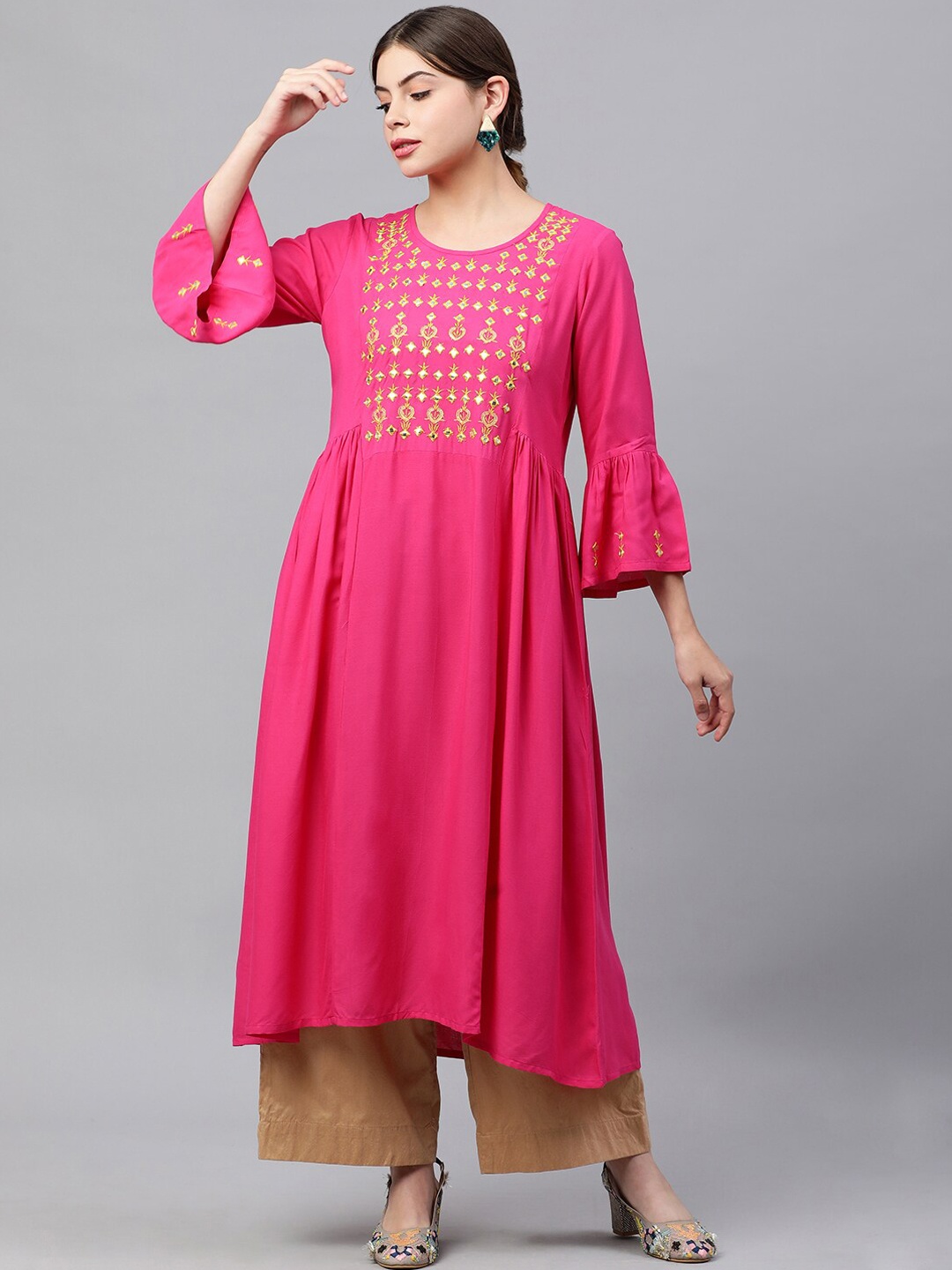 

MAAND Women Embroidered Bell Sleeves Mirror Work Kurta, Pink
