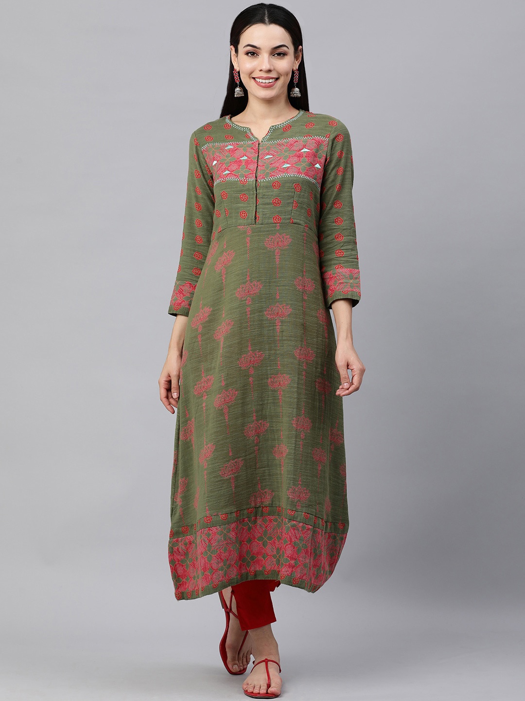 

MAAND Women Floral Printed Cotton Kurta, Green
