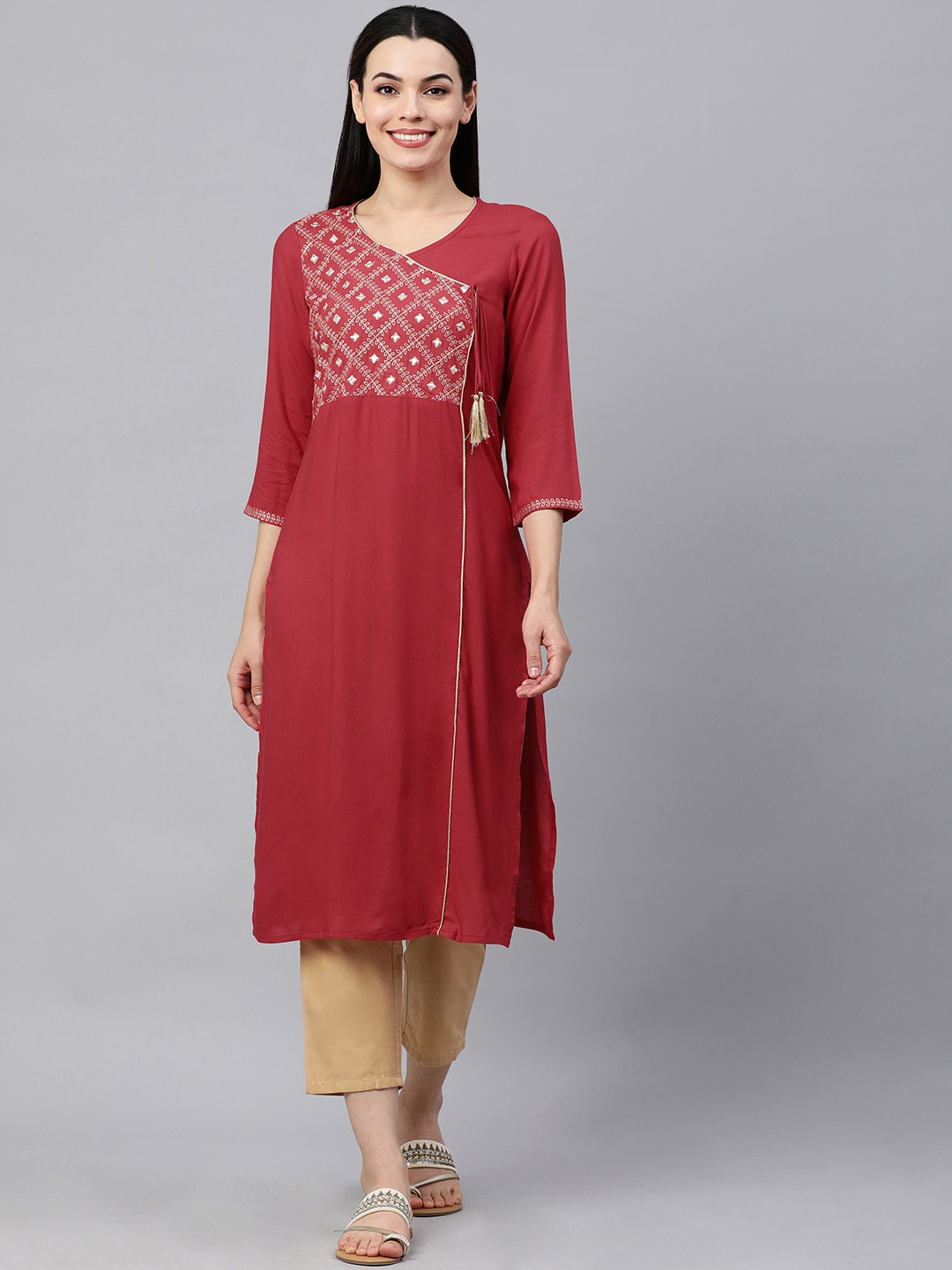 

MAAND Women Red Yoke Design Flared Sleeves Thread Work Kurta