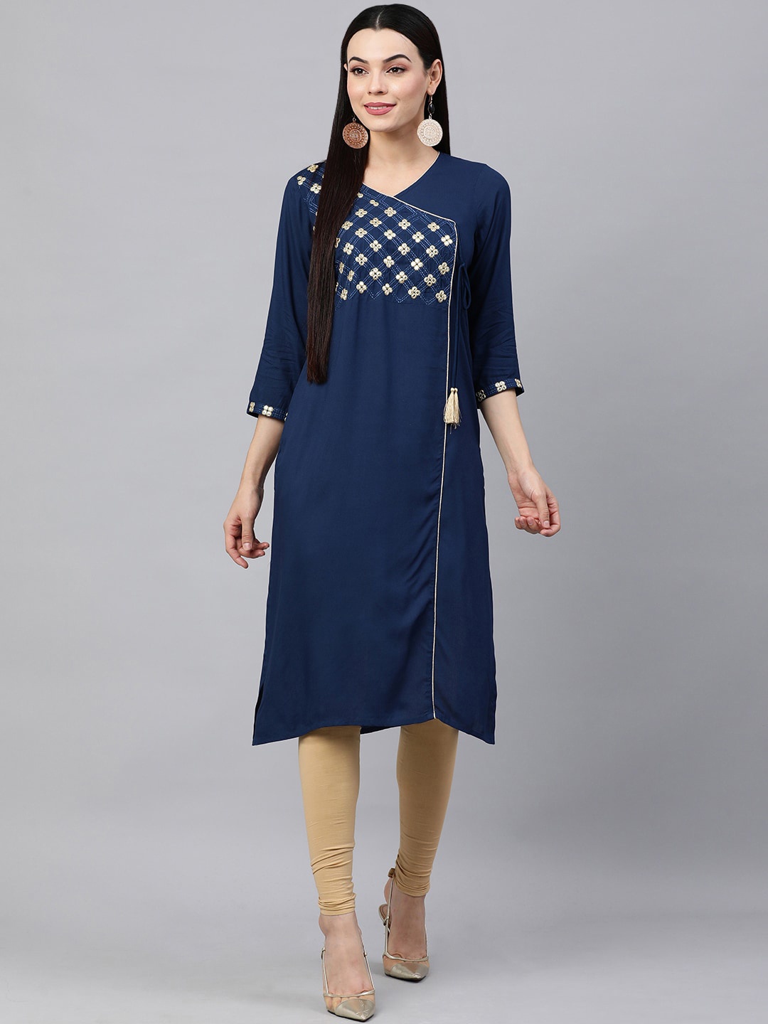 

MAAND V-Neck Embroidered Mirror Work Kurta, Blue