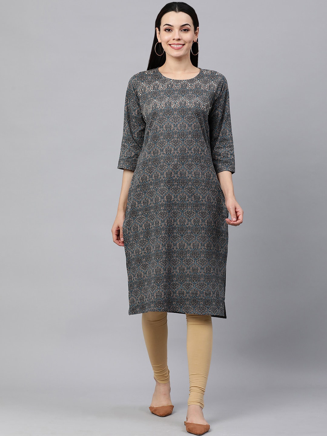 

MAAND Women Grey & Beige Ethnic Motifs Printed Round Neck Kurta