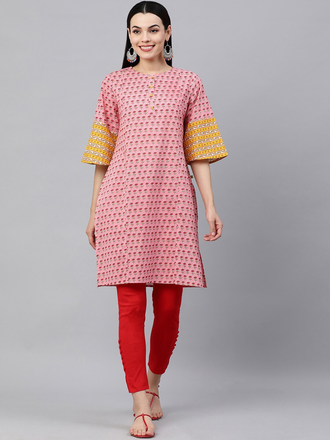 

MAAND Women Floral Printed Flared Sleeves Pure Cotton Kurti, Pink