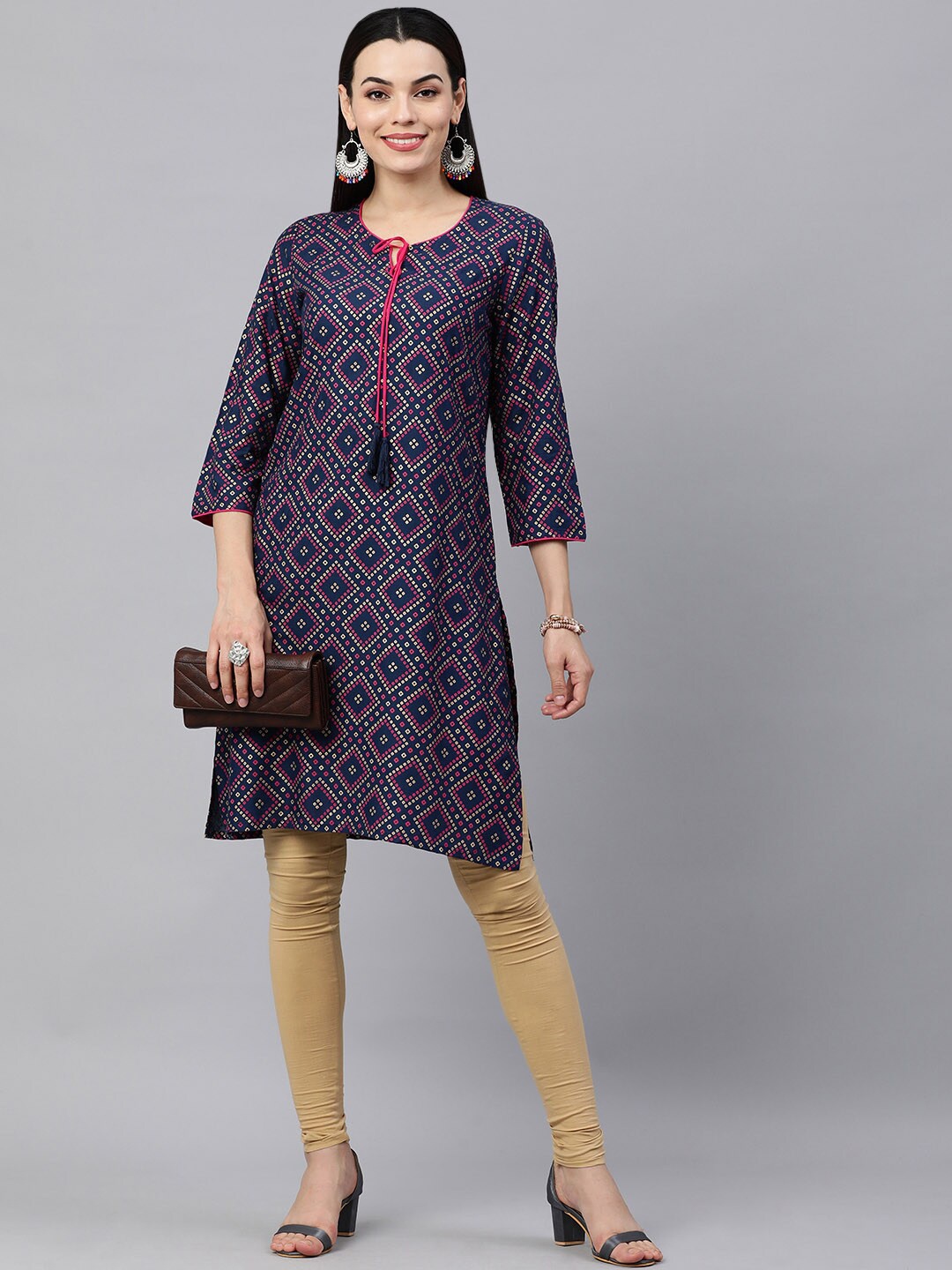 

MAAND Women Bandhani Printed Pure Cotton Kurti, Navy blue