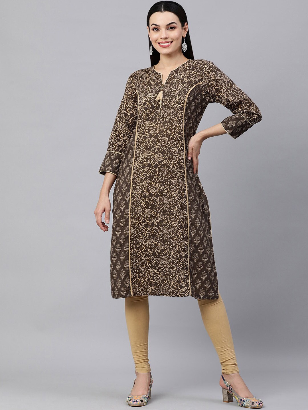 

MAAND Women Ethnic Motifs Printed Pure Cotton Kurta, Brown