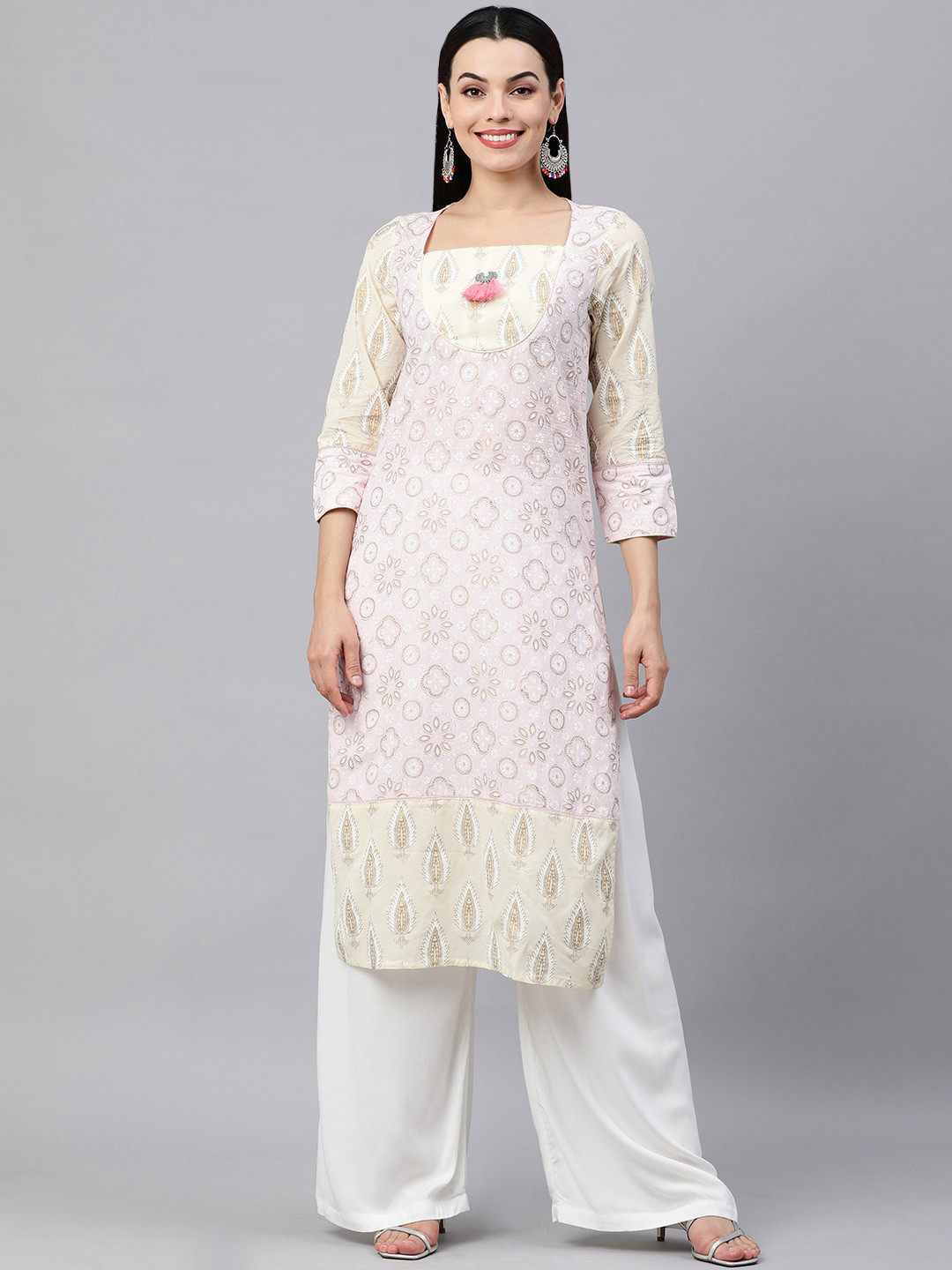 

MAAND Women Floral Printed Patchwork Pure Cotton Kurta, Pink