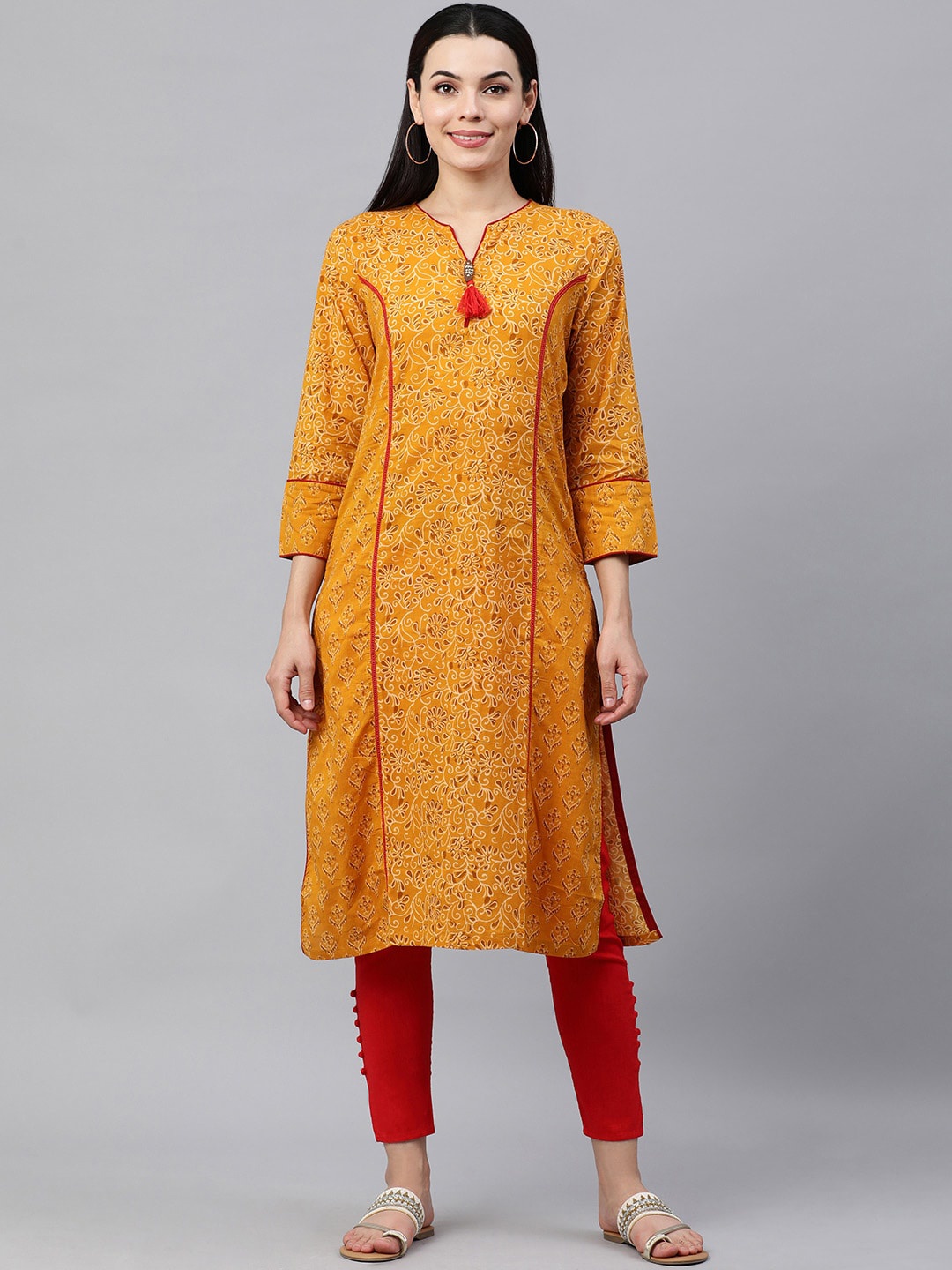 

MAAND Women Ethnic Motifs Printed Pure Cotton Kurta, Yellow
