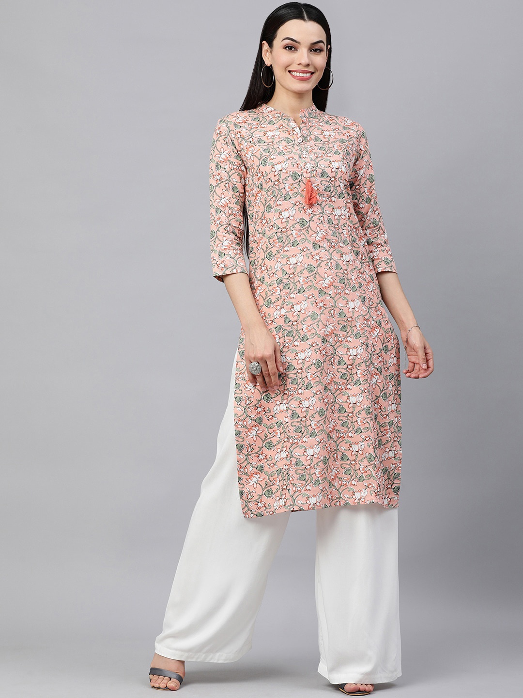 

MAAND Women Floral Printed Pure Cotton Kurta, Peach