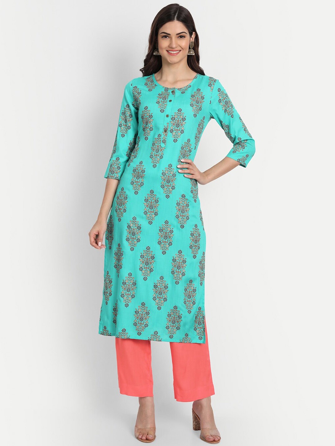 

fabGLOBAL Women Ethnic Motifs Printed Kurta with Trousers, Sea green
