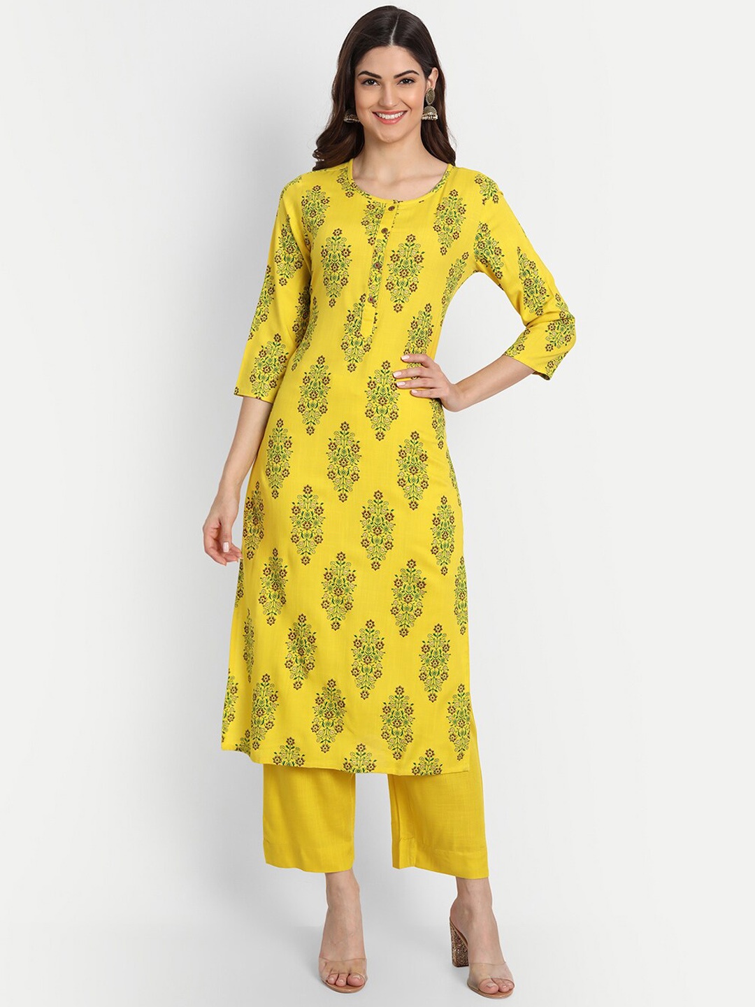 

fabGLOBAL Women Yellow Floral Printed Kurta with Palazzos