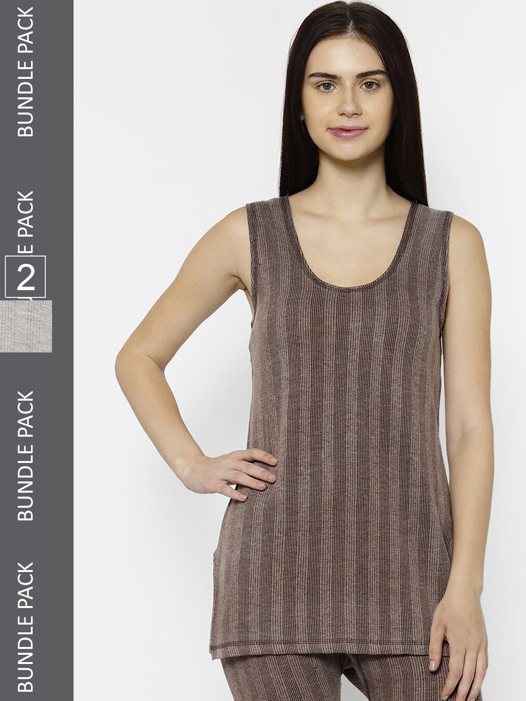 

VIMAL JONNEY Women Pack Of 2 Striped Cotton Thermal Tops, Coffee brown
