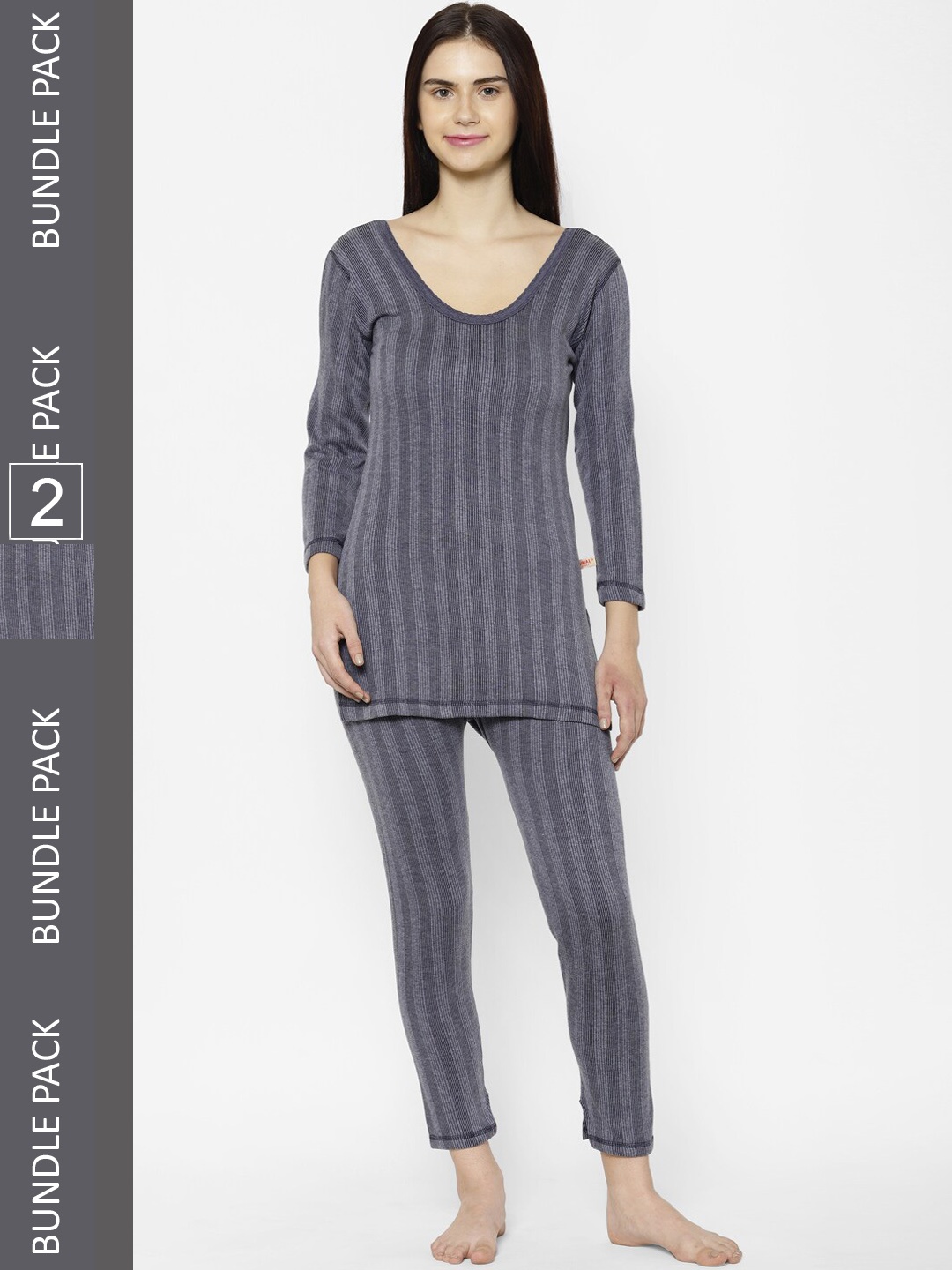 

VIMAL JONNEY Women Pack Of 2 Striped Cotton Thermal Set, Navy blue