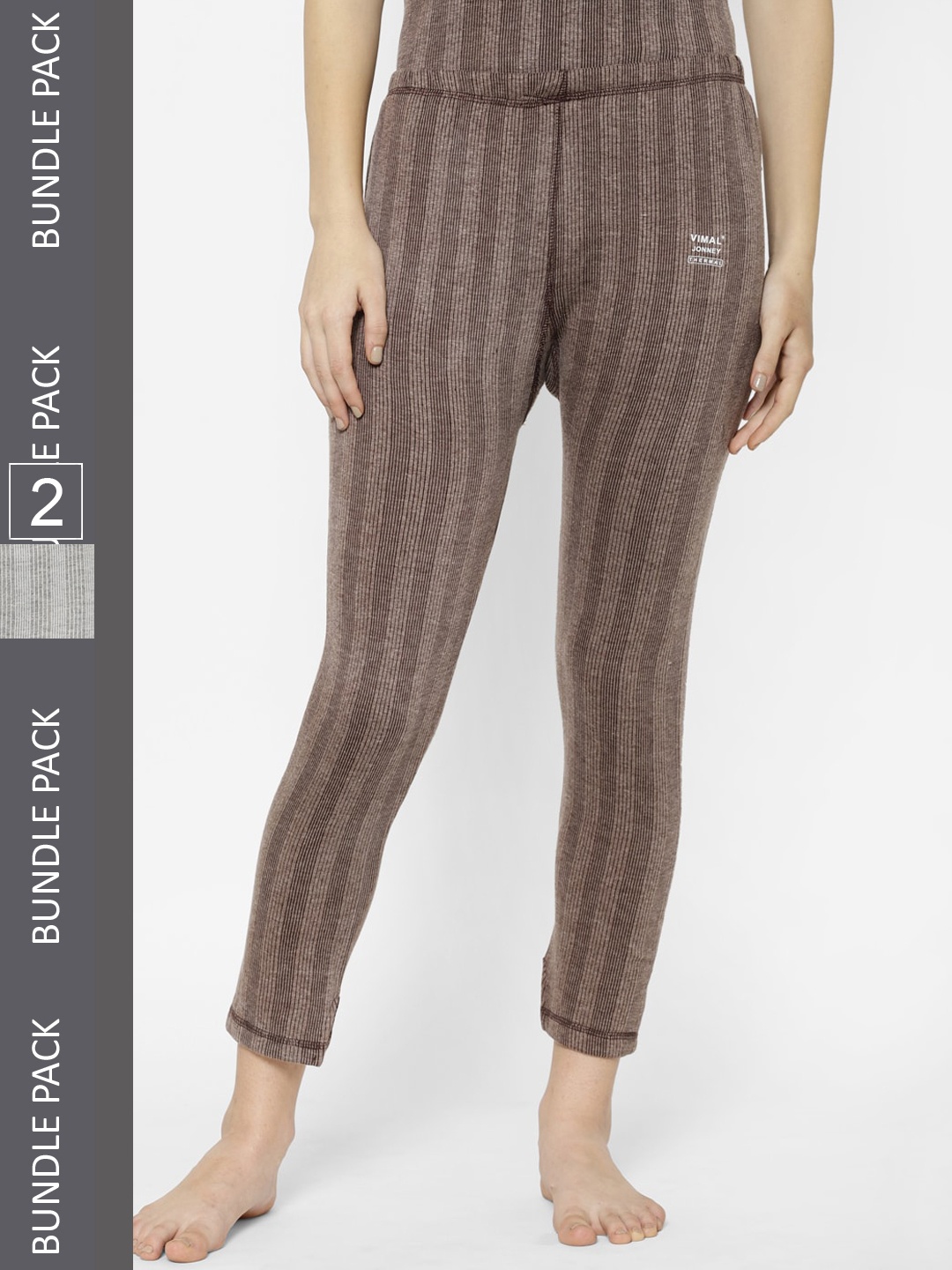 

VIMAL JONNEY Women Pack Of 2 Striped Cotton Thermal Bottoms, Coffee brown