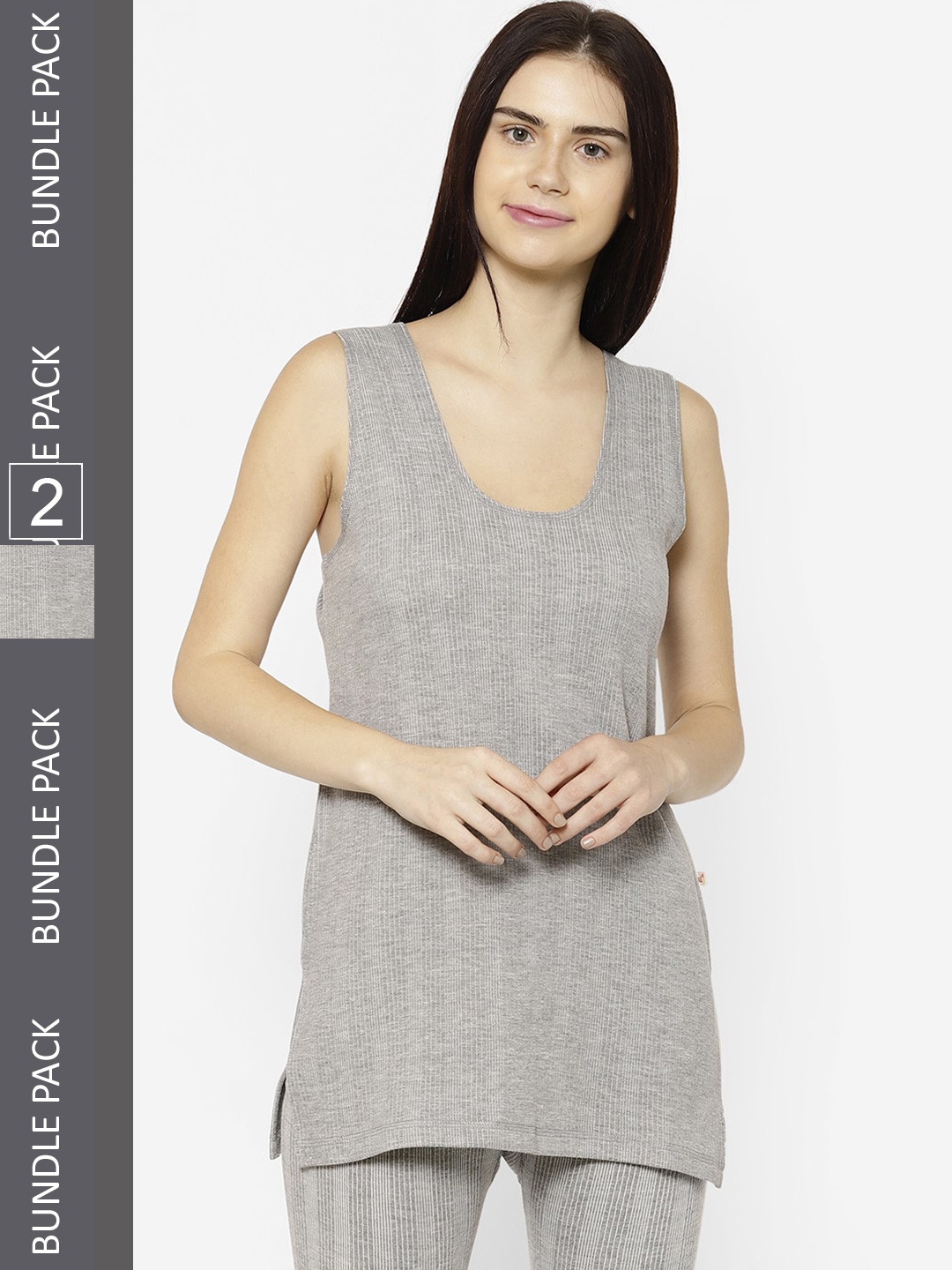 

VIMAL JONNEY Women Pack Of 2 Striped Cotton Thermal Top, Grey melange