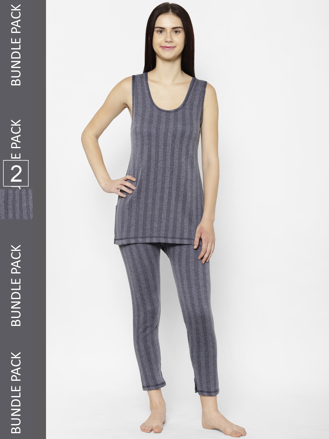 

VIMAL JONNEY Women Pack Of 2 Cotton Striped Thermal Set, Grey