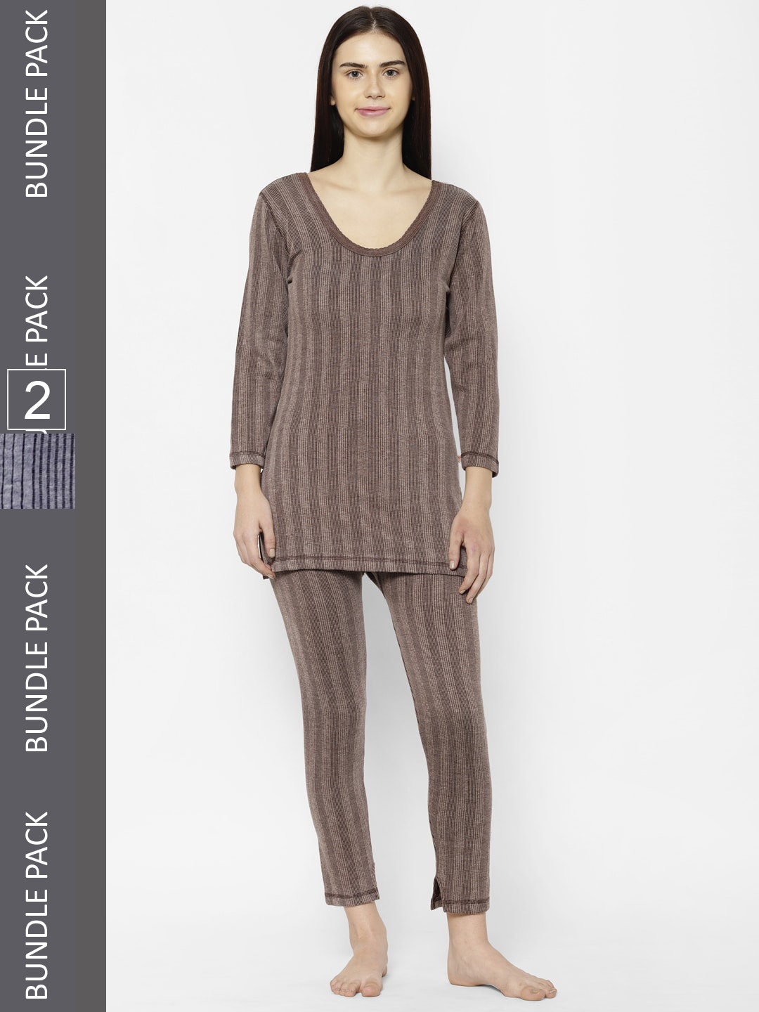 

VIMAL JONNEY Women Pack Of 2 Striped Cotton Thermal Set, Grey
