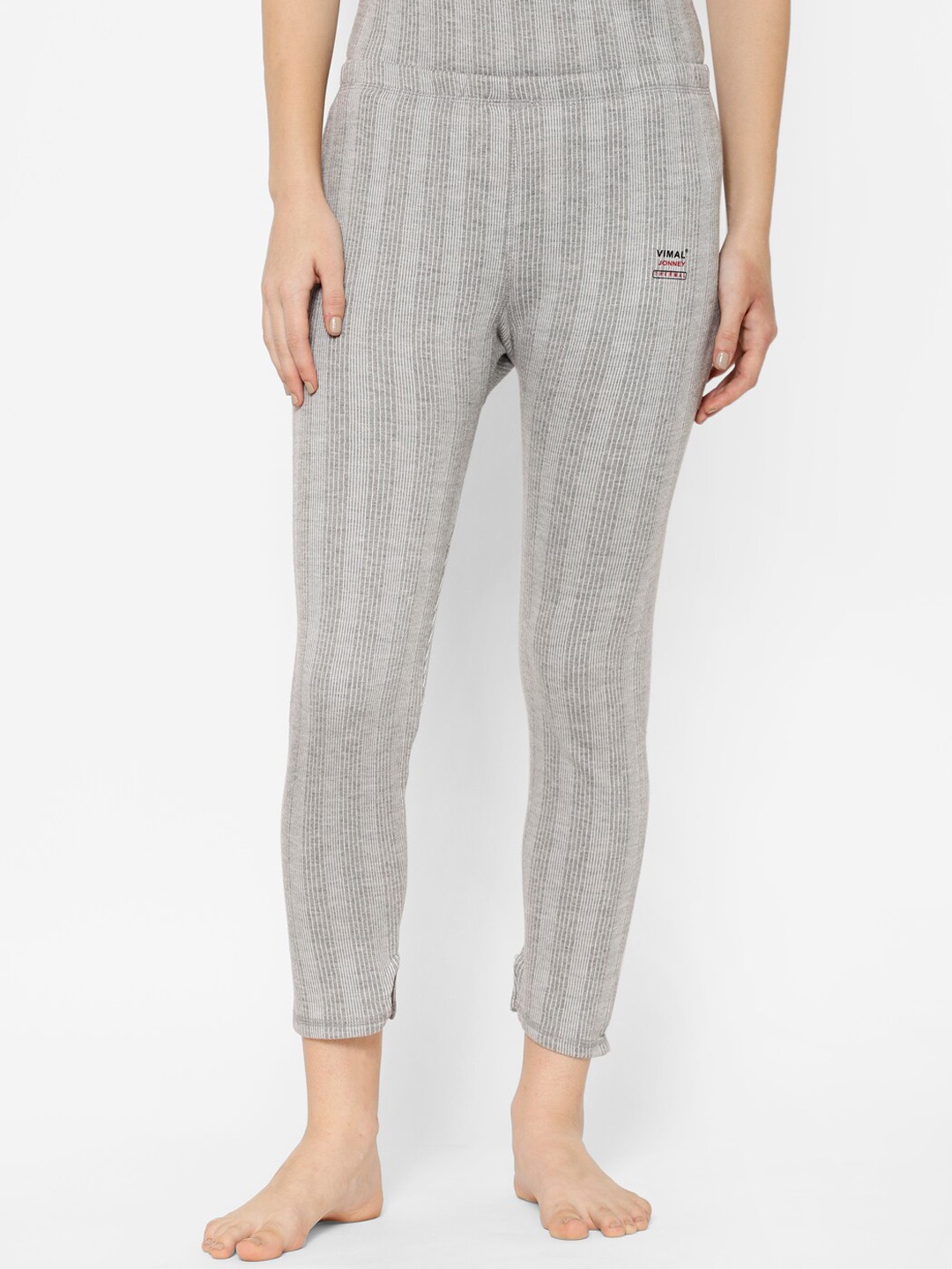 

VIMAL JONNEY Women Striped Cotton Thermal Bottoms, Grey melange