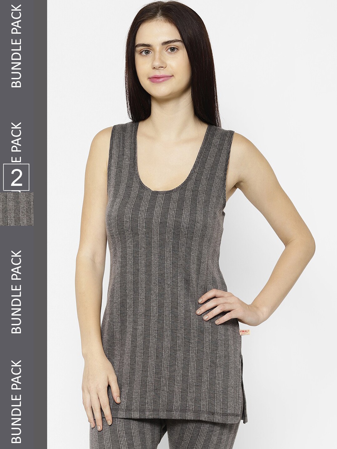 

VIMAL JONNEY Pack of 2 Striped Cotton Slim-fit Thermal Top, Grey