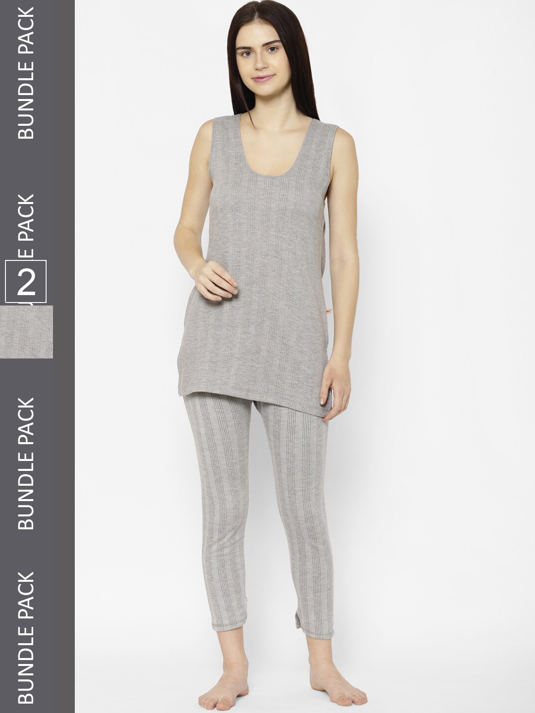 

VIMAL JONNEY Women Pack of 2 Striped Thermal Set, Grey melange