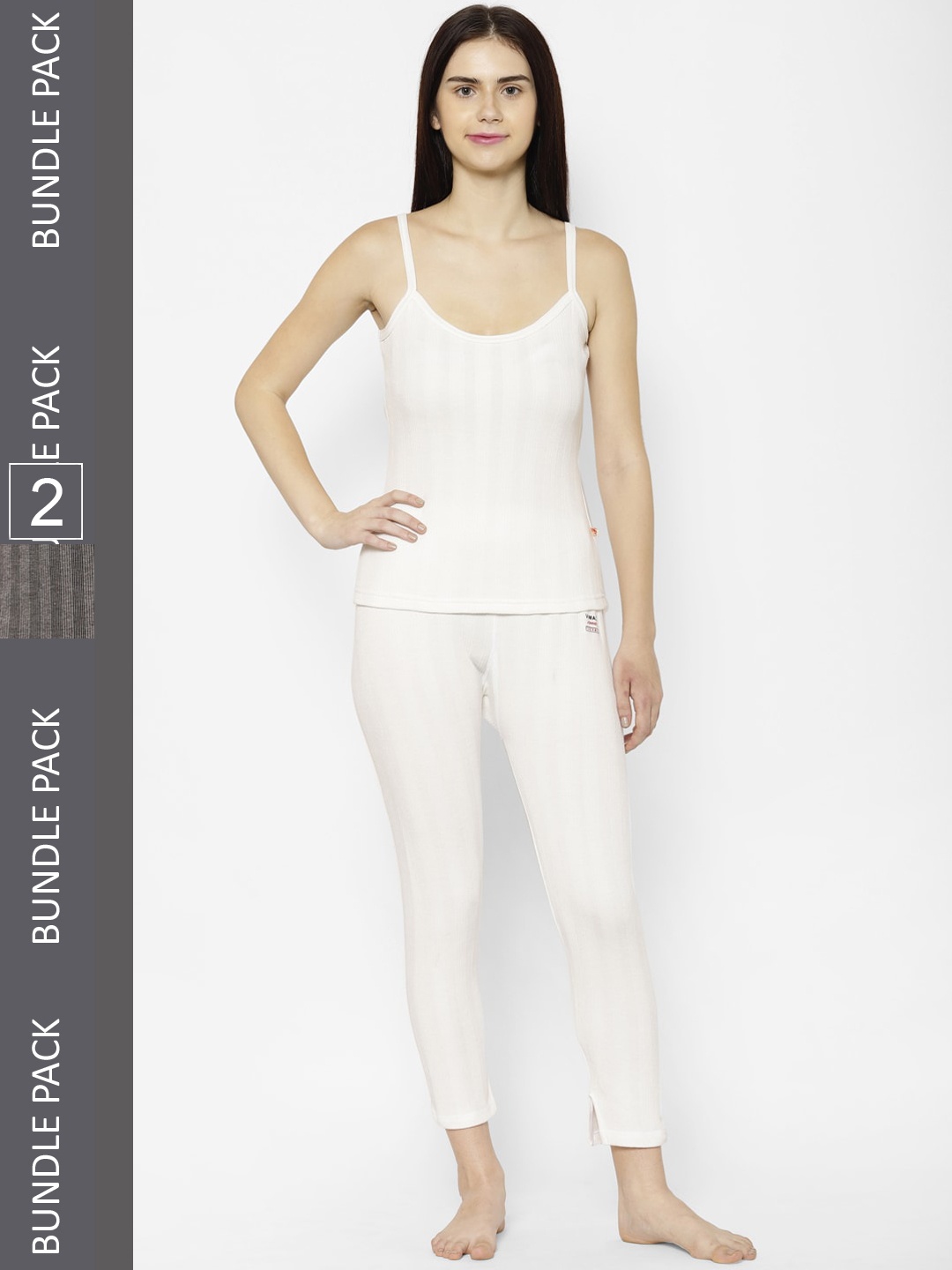 

VIMAL JONNEY Women Pack Of 2 Striped Cotton Thermal Set, White