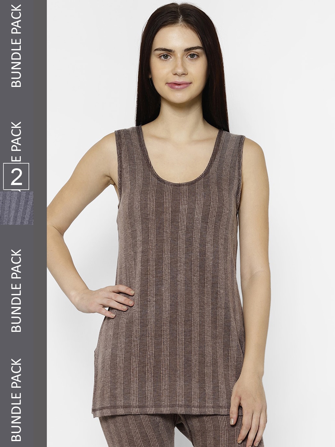 

VIMAL JONNEY Pack Of 2 Striped Cotton Thermal Tops, Brown