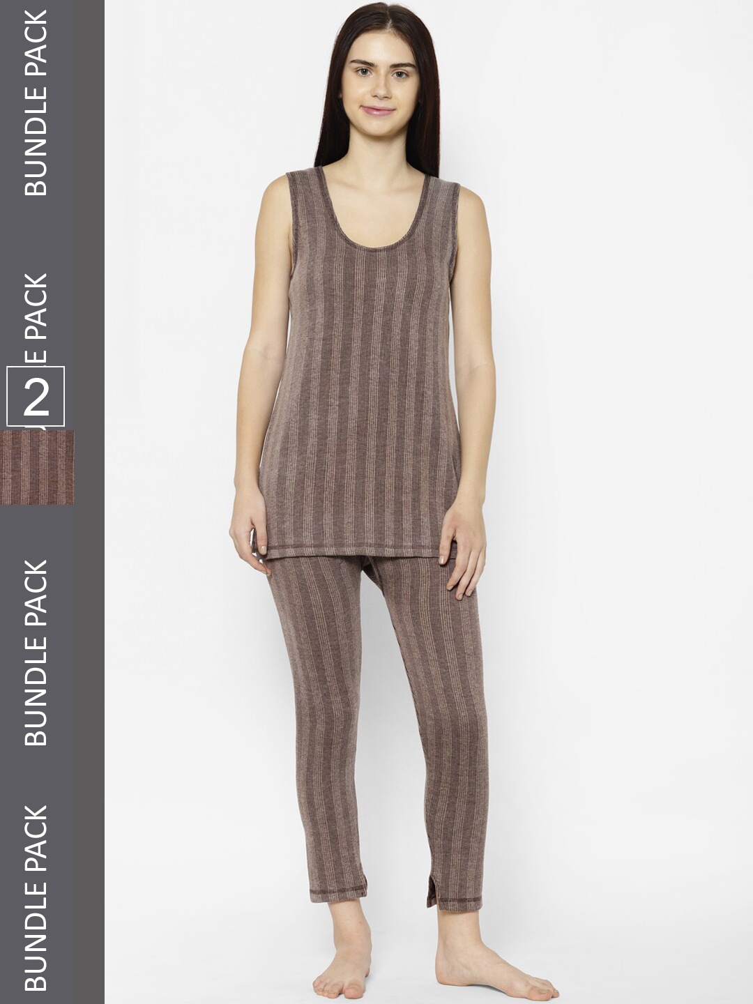 

VIMAL JONNEY Women Pack Of 2 Striped Cotton Thermal Set, Brown