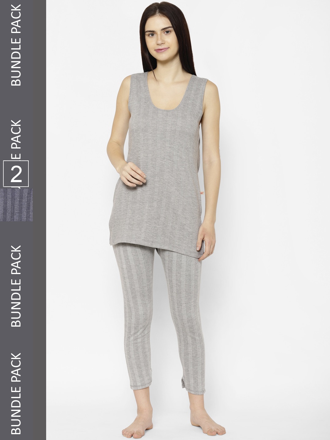 

VIMAL JONNEY Women Pack Of 2 Striped Cotton Thermal Set, Grey
