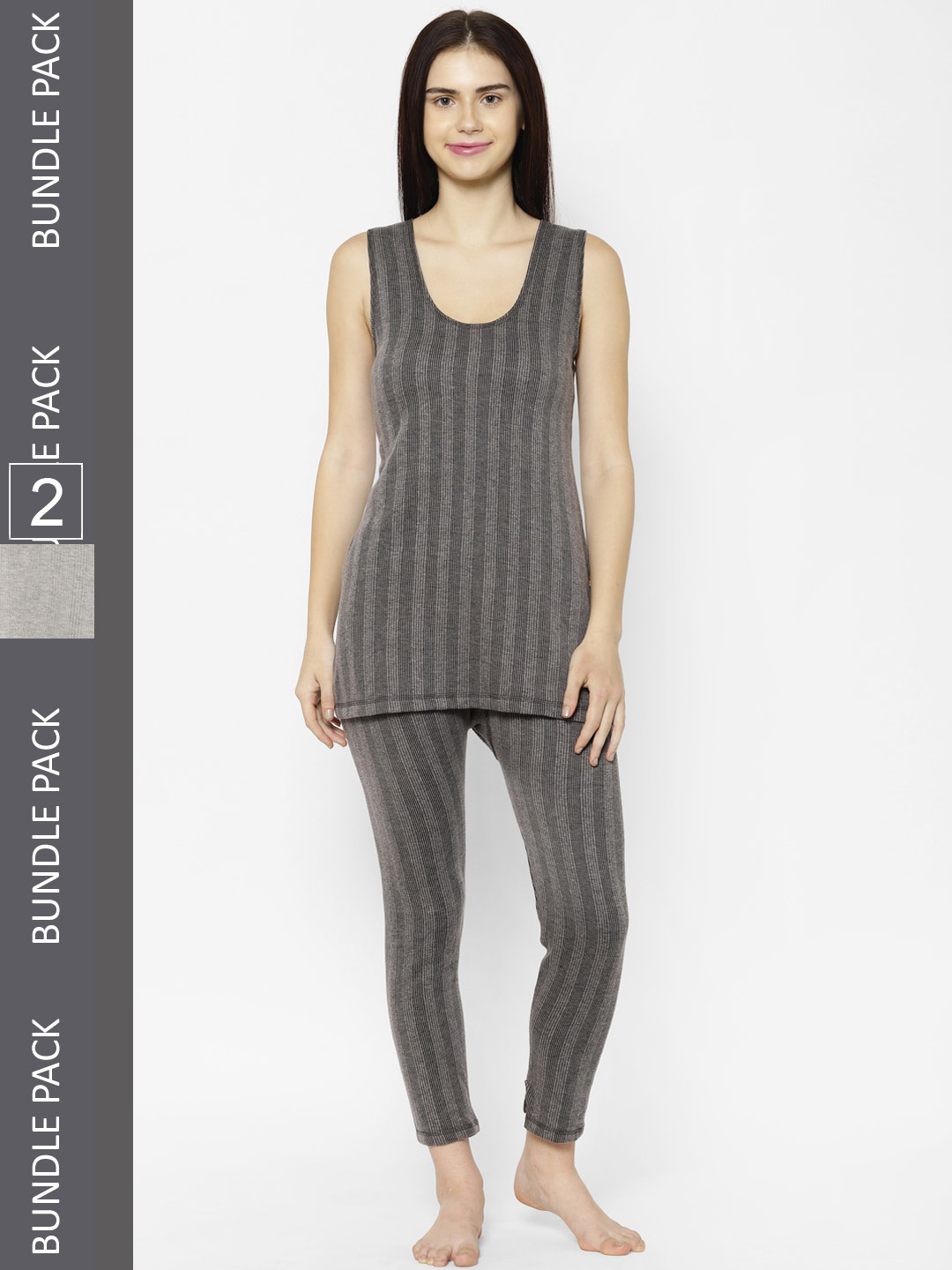 

VIMAL JONNEY Women Pack Of 2 Striped Cotton Thermal Set, Grey