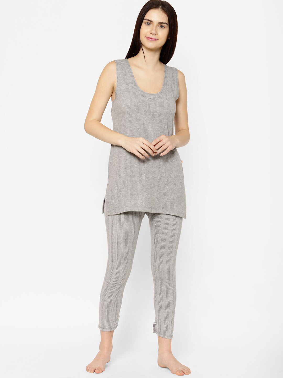 

VIMAL JONNEY Women Striped Cotton Thermal Set, Grey melange