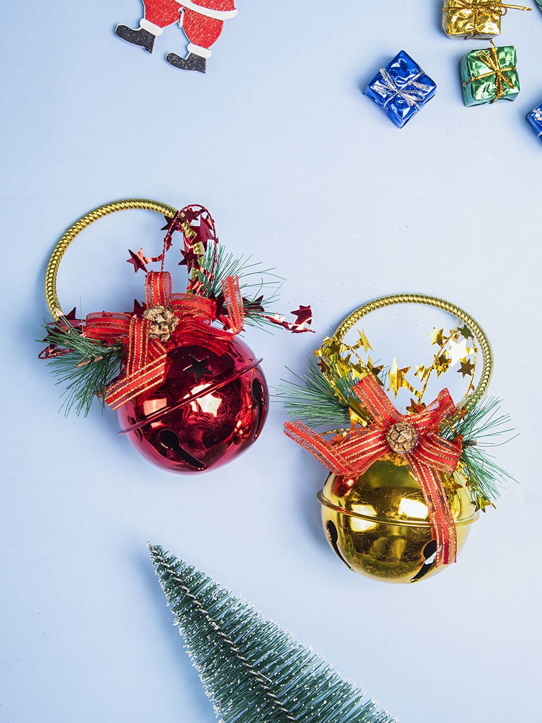 

MARKET99 Set Of 2 Bell With Bow Christmas Hanging Ball, Red