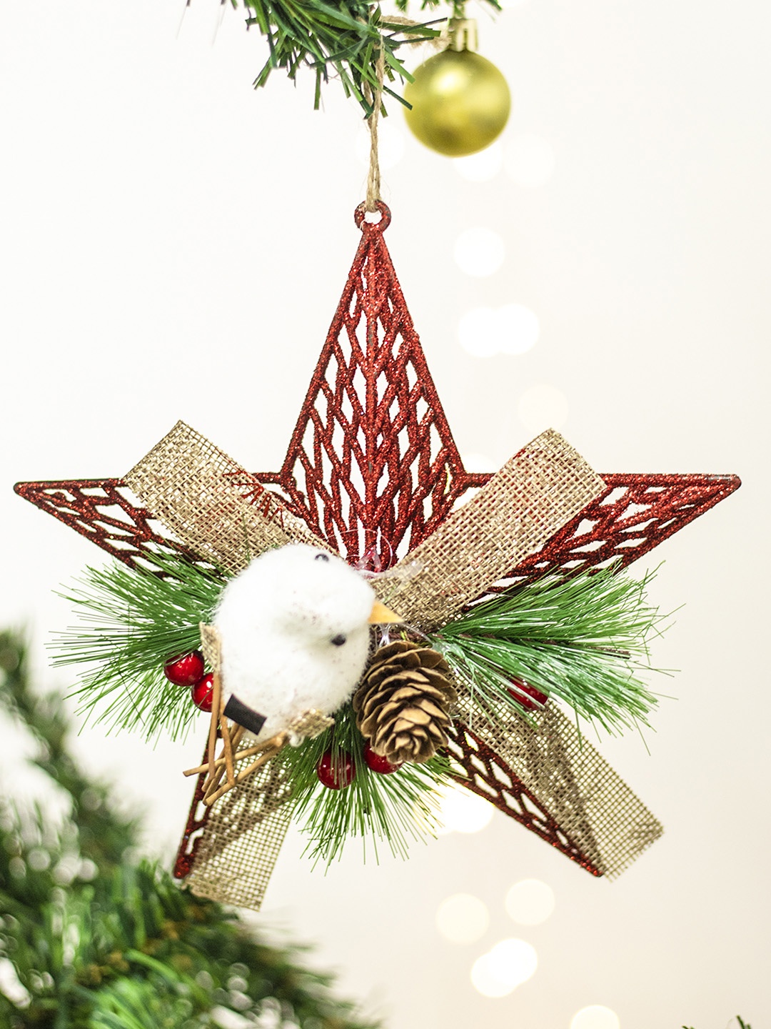 

MARKET99 One Star With Bird Christmas Hanging, Red