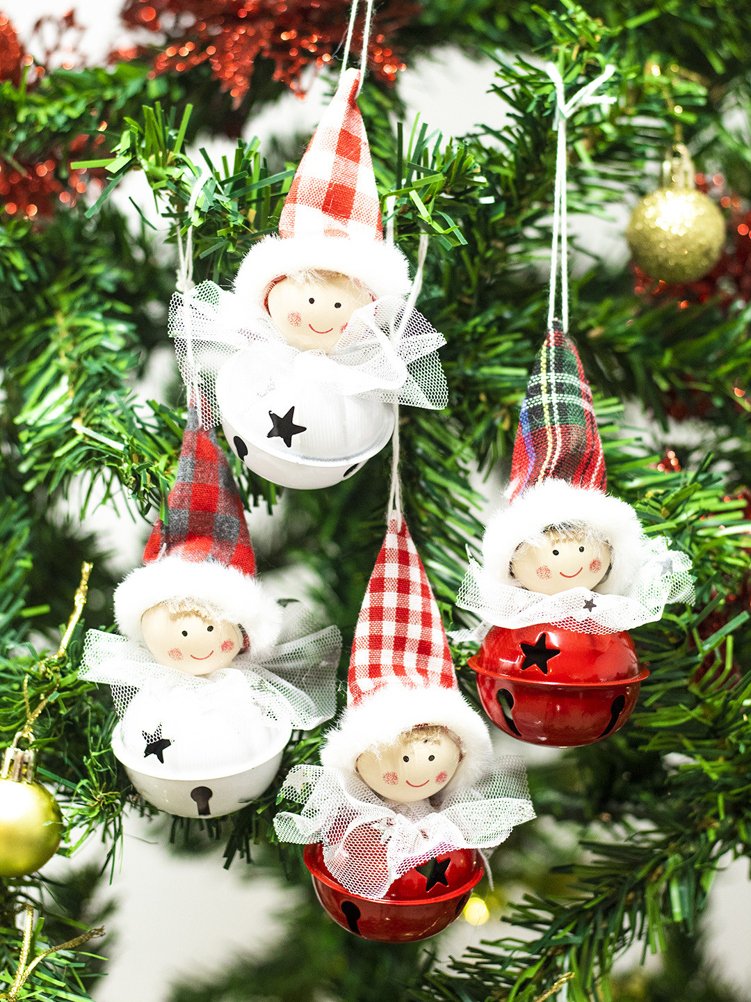 

MARKET99 Set Of 4 Christmas Hanging Santa Head Ornament With Bell, Red