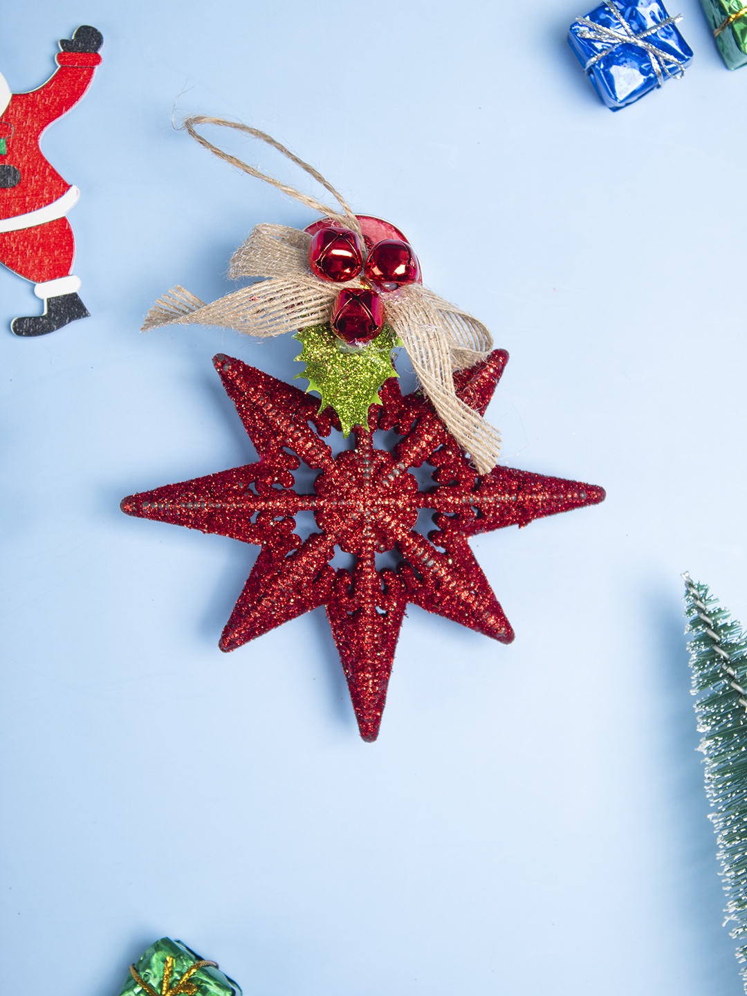 

MARKET99 Set Of 2 Star With Bow Christmas Hanging Festive Decor, Red