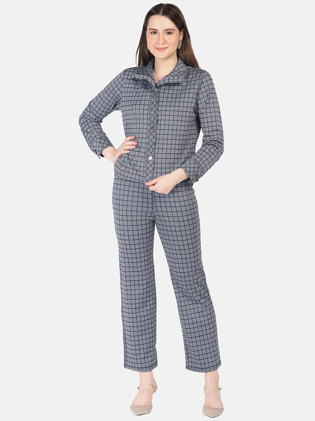 

FUTURO Women Blue Checked Shirt and Trouser