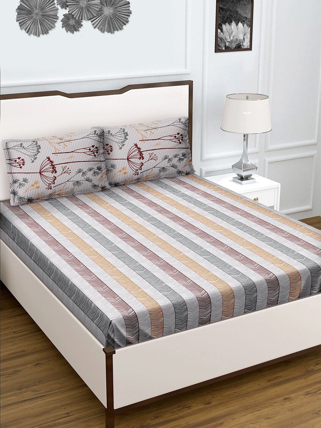 

BELLA CASA Genteel Collection Floral 180 TC Cotton Queen Bedsheet with 2 Pillow Covers, Grey