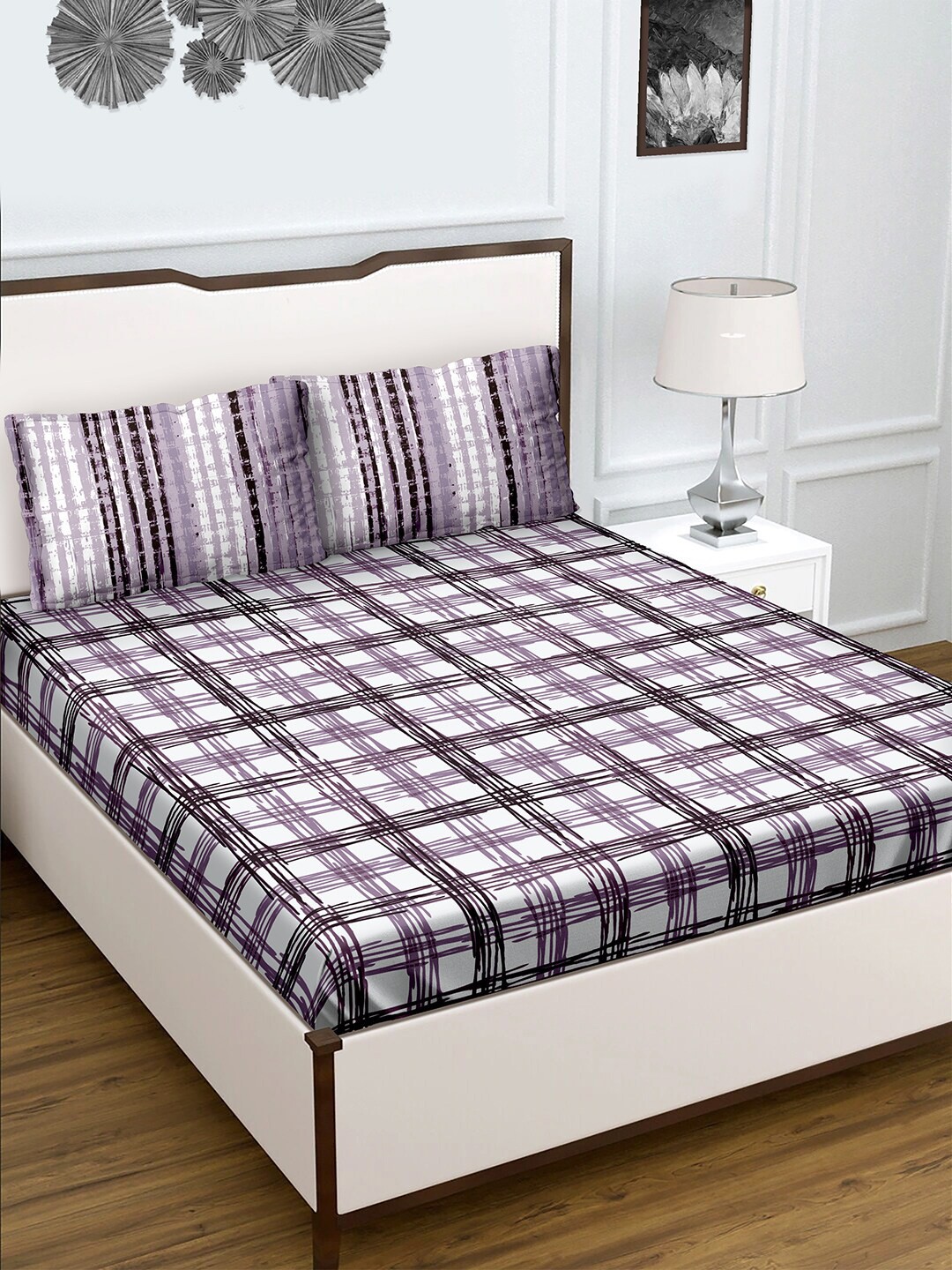 

BELLA CASA Geometric Printed 180 TC Cotton Queen Bedsheet with 2 Pillow Covers, Purple